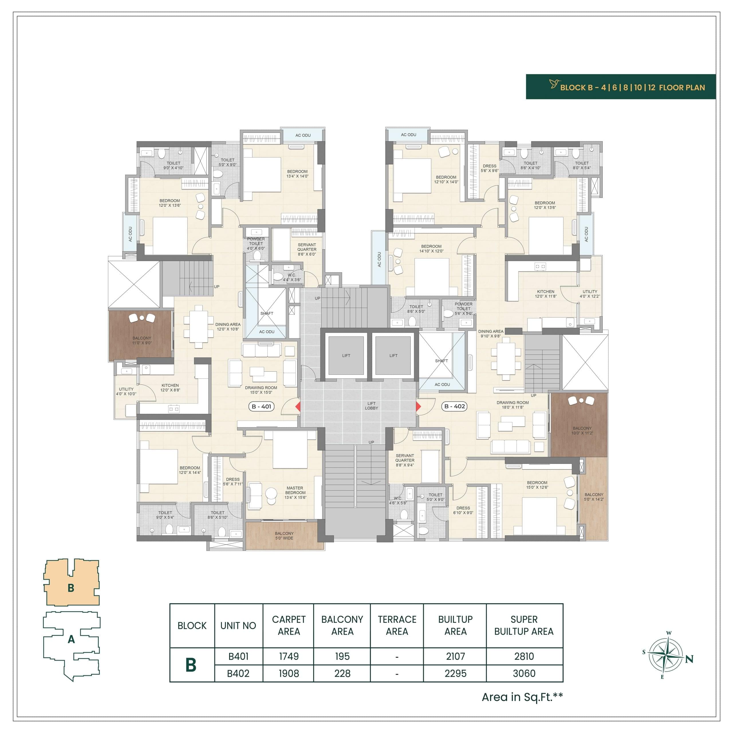 BLOCK - B ( 4TH, 6TH, 8TH, 10TH, 12TH FLOOR PLAN )
